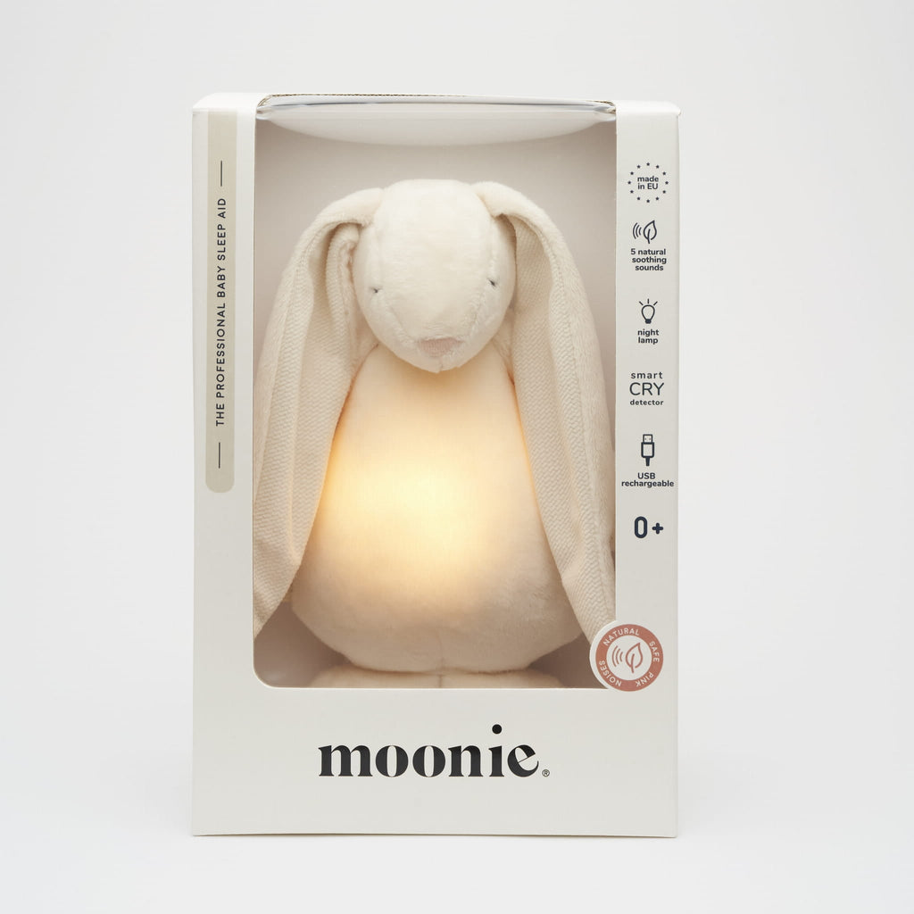 MOONIE 2.0: Επαναφορτιζόμενο βοήθημα ύπνου με ηχογράφηση & αισθητήρα κλάματος Cream Bunny